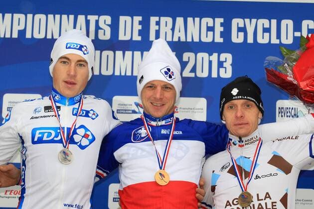 Podium : Arnold Jeannesson - Francis Mourey - John Gadret CYCLISME : Championnat de France de Cyclo Cross Hommes - Nommay - 13 01 2013 PatrickPichon Panoramic 