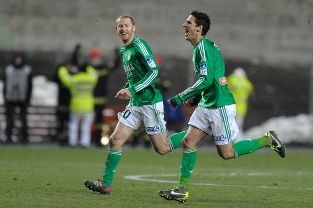 La joie de Jonathan Brison et Jeremy Clement (saint etienne) FOOTBALL : Saint Etienne vs Lille - demi finale Coupe de la Ligue - 15 01 2013 FredericChambert Panoramic 