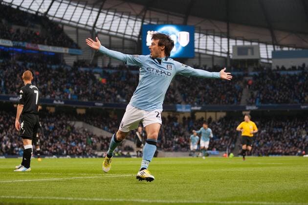 Football - 2012 2013 Premier League - Manchester City vs. Fulham David Silva of Manchester City celebrates his opening goal at the Etihad Stadium 