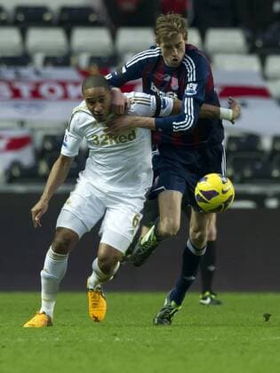 Football - 2012 2013 Premier League - Swansea City vs. Stoke City peter crouch & ashley williams contest the ball 