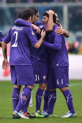 Sebastian Roncaglia (R) Fiorentina - Goal celebration - Serie A 2012 13. AC Florenz (ACF Fiorentina) v SSC Neapel andreaxstaccioli