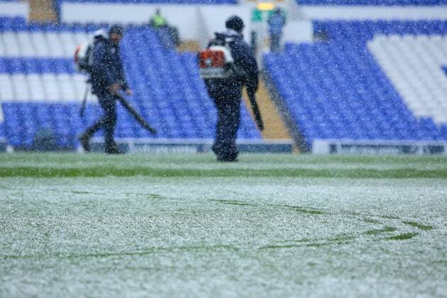 Football - 2012 2013 Premier League - Tottenham Hotspur vs. Manchester United ManU Groundsmen clear snow with leaf blowers at White Hart Lane, London 