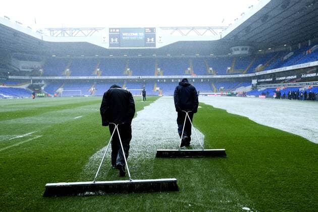 Football - 2012 2013 Premier League - Tottenham Hotspur vs. Manchester United ManU Groundsmen clear snow at White Hart Lane, London 