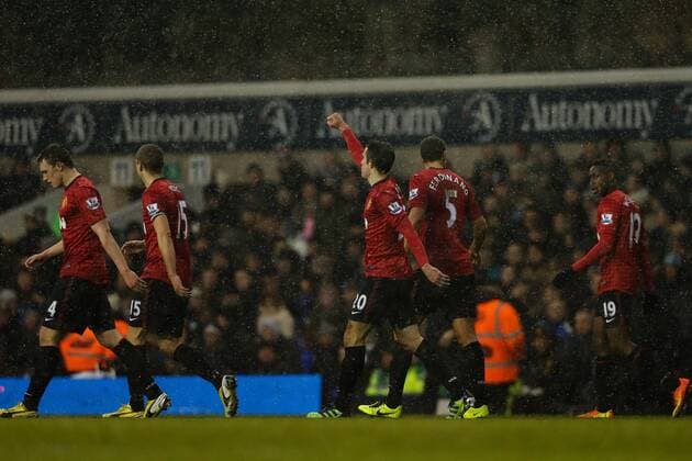 Football - 2012 2013 Premier League - Tottenham Hotspurs vs. Manchester United ManU Manchester United ManU s Robin van Persie celebrates scoring his team s 1st goal at White Hart Lane, London 
