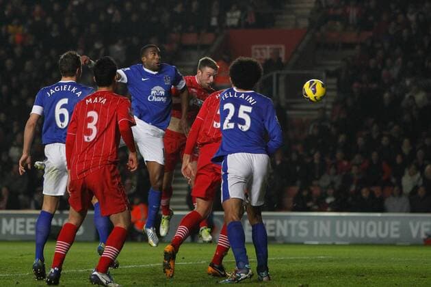 Football - 2012 2013 Premier League - FC Southampton vs FC Everton - Southampton s Rickie Lambert heads at goal only for Leighton Baines of Everton to clear his header off the line at St Mary s Stadium Southampton 