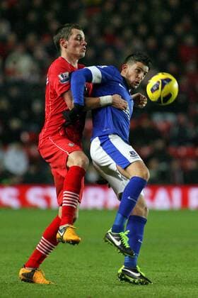 Football - 2012 2013 Premier League - FC Southampton vs FC Everton - Southampton s Morgan Schneiderlin and Kevin Mirallas of Everton battle for the ball at St Mary s Stadium Southampton 