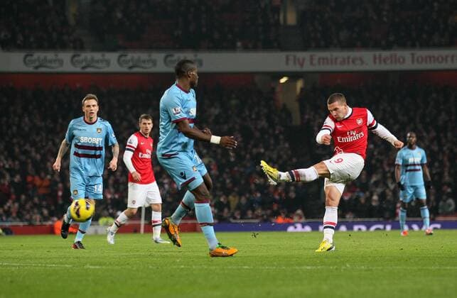 Arsenal s Lukas Podolski scoring his sides opening goal..Arsenal v West Ham United - Barclays Premier League - the Emirates Stadium, London- 23 01 13 - Picture David Klein Sportimage EDITORIAL USE ONLY. No use with unauthorised audio, video, data, fixture lists, club league logos or live services. Online in-match use limited to 120 images, no video emulation. No use in betting, games or single club league player publications.