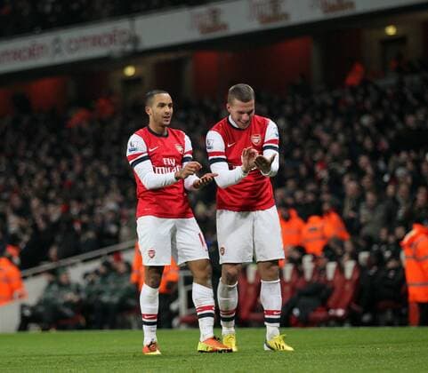 Arsenal s Theo Walcott celebrates scoring his sides fourth goal by pretending to sign his new contract..Arsenal v West Ham United - Barclays Premier League - the Emirates Stadium, London- 23 01 13 - Picture David Klein Sportimage EDITORIAL USE ONLY. No use with unauthorised audio, video, data, fixture lists, club league logos or live services. Online in-match use limited to 120 images, no video emulation. No use in betting, games or single club league player publications.