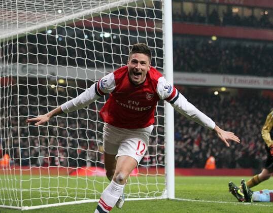 Arsenal s Olivier Giroud celebrates scoring his sides fifth goal..Arsenal v West Ham United - Barclays Premier League - the Emirates Stadium, London- 23 01 13 - Picture David Klein Sportimage EDITORIAL USE ONLY. No use with unauthorised audio, video, data, fixture lists, club league logos or live services. Online in-match use limited to 120 images, no video emulation. No use in betting, games or single club league player publications.