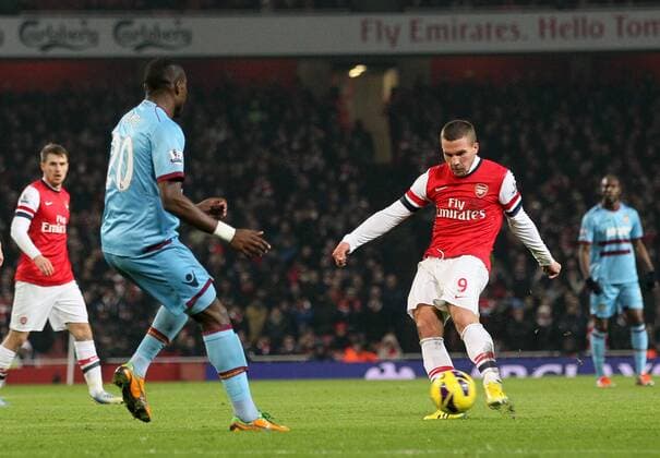Arsenal s Lukas Podolski scoring his sides opening goal..Arsenal v West Ham United - Barclays Premier League - the Emirates Stadium, London- 23 01 13 - Picture David Klein Sportimage EDITORIAL USE ONLY. No use with unauthorised audio, video, data, fixture lists, club league logos or live services. Online in-match use limited to 120 images, no video emulation. No use in betting, games or single club league player publications.