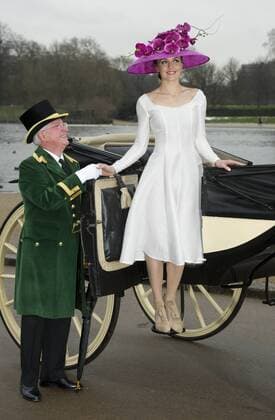 Victoria Pendleton MBE launching the Royal Ascot 2013 campaign The Colour and the Glory in London s Hyde Park wearing an Emilia Wicksted dress and Philip Treacy hat,She is seen with Greencoat David Booker and Nemo , the horse. London, Great Britain, January 24, 2013. Photo by i-Images. i-Images  AJP