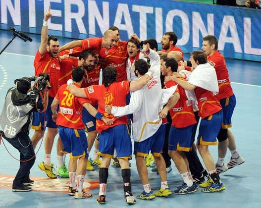 Barcelona, Spanien, Palau Sant Jordi, 25.1.2013 Männer-Handball-Weltmeisterschaft, Halbfinale Spanien - Slowenien Spanien jubelt Foto und alle