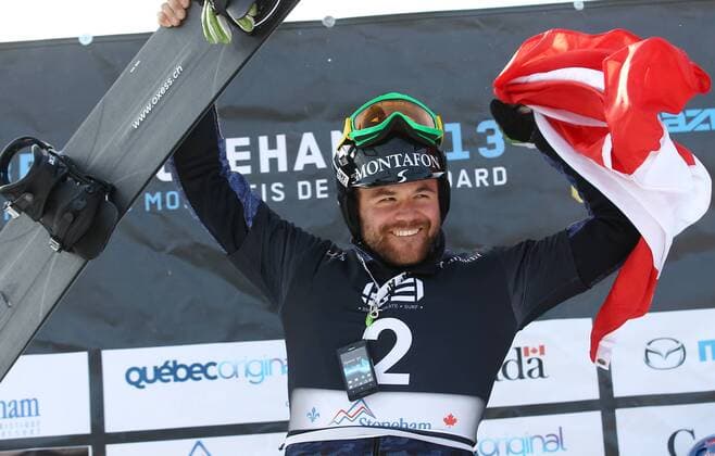 SNOWBOARD - FIS WM Stoneham, SBX, Herren STONEHAM,KANADA,26.JAN.13 - SNOWBOARD - FIS Weltmeisterschaften Stoneham, Boarder Cross, Snowboardcross, Herren, Siegerehrung. Bild zeigt den Jubel von Markus Schairer (AUT). 
