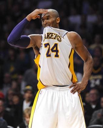 Los Angeles Lakers shooting guard Kobe Bryant reacts after a foul against the Oklahoma City Thunder in the second half at Staples Center in Los Angeles on January 27, 2013. Lakers 105 to 96.  LAP20130127822