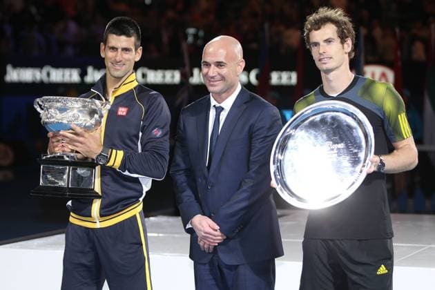 Novak Djokovic, SRB, and Andre Agassi, USA, and Andy Murray, GBR, after the final of the 2013 Tennis Australian Open in Melbourne, 27 01 2013 -