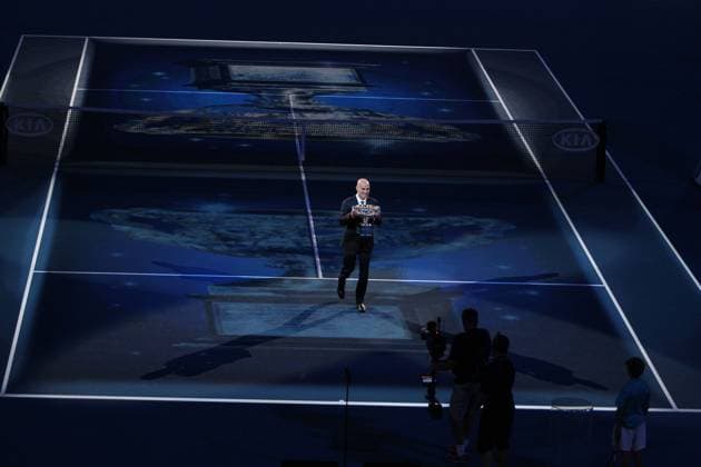 projections (with Andre Agassi, USA, holding the trophy) before the final of the 2013 Tennis Australian Open in Melbourne, 27 01 2013 -