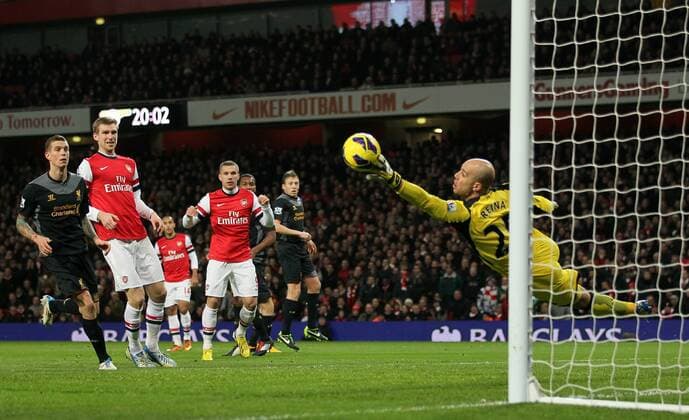Arsenal s Lukas Podolski sees his shot saved by Liverpool s Pepe Reina.. - FC Arsenal vs FC Liverpool - Barclays Premier League - Emirates Stadium, London- 30 01 13 - EDITORIAL USE ONLY. No use with unauthorised audio, video, data, fixture lists, club league logos or live services. Online in-match use limited to 120 images, no video emulation. No use in betting, games or single club league player publications.