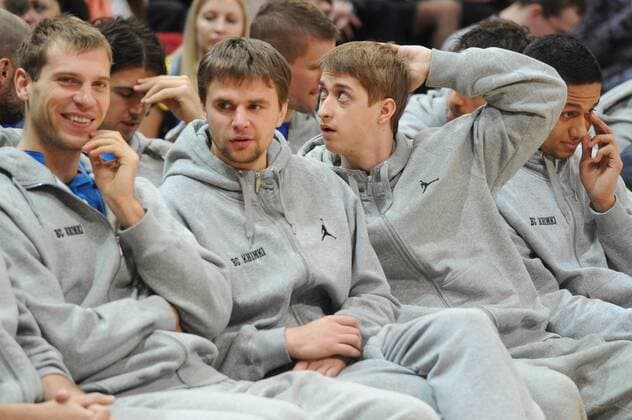 ITAR-TASS: MOSCOW REGION, RUSSIA. JANUARY 26, 2013. Players of BC Khimki Sergei Monya, Egor Vyaltsev, Dmitry Khvostov, Benjamin-Pavel Dudu (L-R) seen during the meeting.  RE11290C