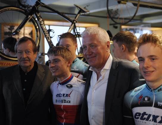 Chairman of OPQS Bessel Kok (left) and CEO of OPQS Patrick Lefevere are seen at a press conference to present a new continental cycling team Etixx-IHNED and introduce the management and partner team Omega Pharma-Quick-Step. Bessel Kok and Patrick Lefevere are seen in Prague, Czech Republic, January 31, 2013. (CTKxPhoto MichalxKrumphanzl) CTKPhotoP201301310409501  kru 3