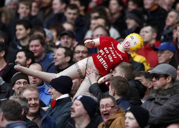 Stoke s fans protest about ticket prices with a t-shirt on a sex doll saying ticket prices are like my tits - inflated ..Arsenal v Stoke - Barclays Premier League - Emirates Stadium, London- 02 02 13 - Picture David Klein Sportimage EDITORIAL USE ONLY. No use with unauthorised audio, video, data, fixture lists, club league logos or live services. Online in-match use limited to 120 images, no video emulation. No use in betting, games or single club league player publications.