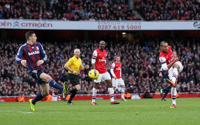 Arsenal s Theo Walcott fires in a shot..Arsenal v Stoke - Barclays Premier League - Emirates Stadium, London- 02 02 13 - Picture David Klein Sportimage EDITORIAL USE ONLY. No use with unauthorised audio, video, data, fixture lists, club league logos or live services. Online in-match use limited to 120 images, no video emulation. No use in betting, games or single club league player publications.