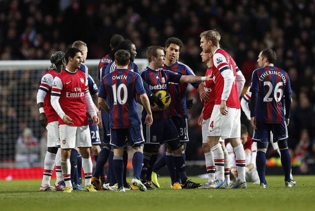 Arsenal s and Stoke s players square up to each other..Arsenal v Stoke - Barclays Premier League - Emirates Stadium, London- 02 02 13 - Picture David Klein Sportimage EDITORIAL USE ONLY. No use with unauthorised audio, video, data, fixture lists, club league logos or live services. Online in-match use limited to 120 images, no video emulation. No use in betting, games or single club league player publications.