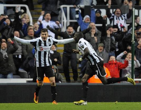 Moussa Sissoko of Newcastle United celebrates scoring their third goal - Barclays Premier League - Newcastle Utd vs Chelsea - St. James Park - Newcastle - 02 02 13 - Picture Richard Lee Sportimage EDITORIAL USE ONLY. No use with unauthorised audio, video, data, fixture lists, club league logos or live services. Online in-match use limited to 120 images, no video emulation. No use in betting, games or single club league player publications.