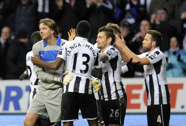 Newcastle United celebrate after the final whistle - Barclays Premier League - Newcastle Utd vs Chelsea - St. James Park - Newcastle - 02 02 13 - Picture Richard Lee Sportimage EDITORIAL USE ONLY. No use with unauthorised audio, video, data, fixture lists, club league logos or live services. Online in-match use limited to 120 images, no video emulation. No use in betting, games or single club league player publications.
