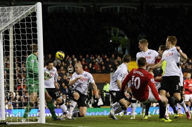 Football - 2012 2013 Premier League - Fulham FC vs Manchester United Sascha Riether of Fulham heads clear after a shot from Manchester United s Wayne Rooney at Craven Cottage, London, England 