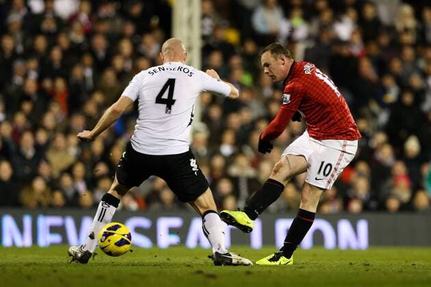 Football - 2012 2013 Premier League - Fulham FC vs Manchester United Manchester United s Wayne Rooney shoots at Craven Cottage, London, England 