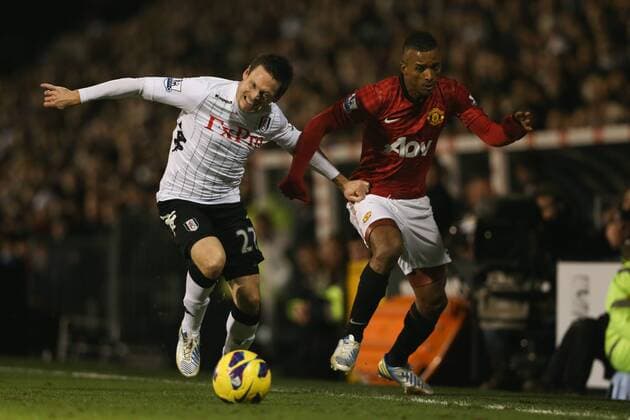 Football - 2012 2013 Premier League - Fulham FC vs Manchester United Manchester United s Nani and Sascha Riether of Fulham at Craven Cottage, London, England 