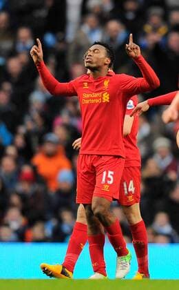 Daniel Sturridge of Liverpool celebrates scoring the equalising goal - Barclays Premier League - Manchester City vs Liverpool - Etihad Stadium - Manchester - 03 02 13 - Picture Simon Bellis Sportimage EDITORIAL USE ONLY. No use with unauthorised audio, video, data, fixture lists, club league logos or live services. Online in-match use limited to 120 images, no video emulation. No use in betting, games or single club league player publications.