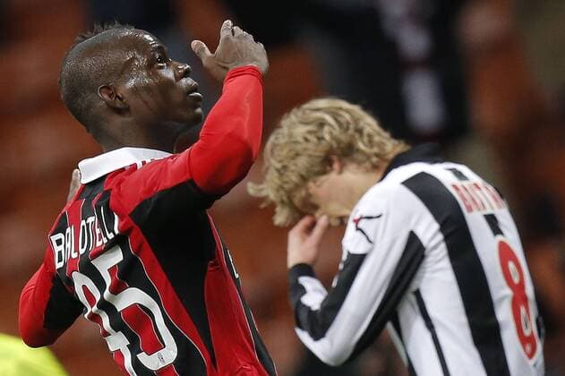 Mario Balotelli Milan, goal celebration, Milano 3 2 2013 .Stadio S.Siro . Football Calcio 2012 2013 Serie A. AC Milan - Udinese Calcio. MarcoxBertorello