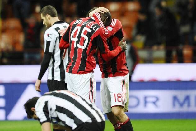 Football Calcio 2012 2013 Serie A. AC Milan - Udinese Calcio. esultanza gol Mario Balotelli 