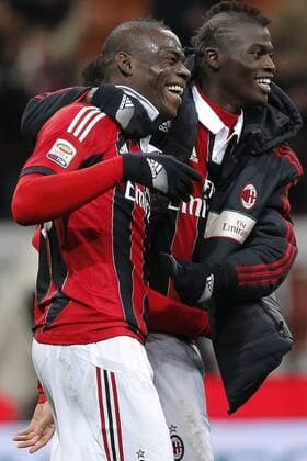 Mario Balotelli Milan, Mbaye Niang Milan, Goal Celebration, Milano 3 2 2013 .Stadio S.Siro . Football Calcio 2012 2013 Serie A. AC Milan - Udinese Calcio. MarcoxBertorello