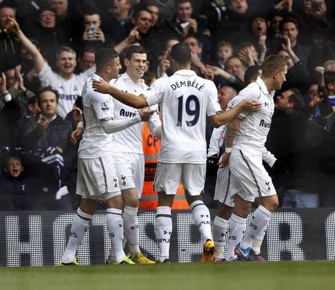 Tottenham s Gareth Bale celebrates scoring his sides opening goal..Tottenham Hotspur v Newcastle United - Barclays Premier League - White Hart Lane, London- 09 02 13 - Picture David Klein Sportimage EDITORIAL USE ONLY. No use with unauthorised audio, video, data, fixture lists, club league logos or live services. Online in-match use limited to 120 images, no video emulation. No use in betting, games or single club league player publications.