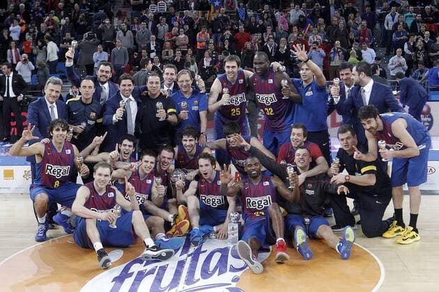 FC Barcelona Regal s team celebrate the victory in the Spanish Basketball King s Cup Final match.February 07,2013.  (201302101342)