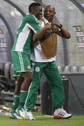 2013 Orange AFCON, Final: Nigeria v Burkina Faso SOWETO, - FEBRUARY 10, Kenneth Josiah Omeruo from Nigeria and Stephen Keshi (Nigerian Manager) celebrating their win during the 2013 Orange African Cup of Nations Final match between Nigeria and Burkina Faso from the National Stadium on Februay 10, 2013 in Soweto, Gallo1024217