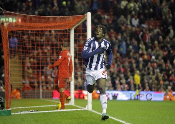 Romelu Lukaku celebrates the second goal of the game for West Brom - Barclays Premier League - Liverpool vs West Bromwich Albion - Anfield - Liverpool 11 2 2013 Picture Malcolm Couzens Sportimage EDITORIAL USE ONLY. No use with unauthorised audio, video, data, fixture lists, club league logos or live services. Online in-match use limited to 120 images, no video emulation. No use in betting, games or single club league player publications.