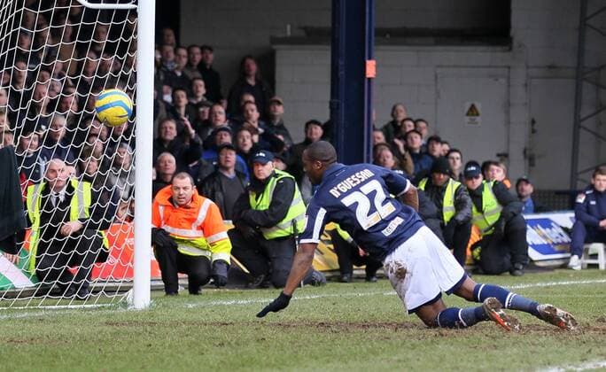 Millwall s Dany N Guessan scoring his sides third goal..Luton Town v Millwall - FA Cup 5th Round - Kenilworth Road, Luton- 16 02 13 - Picture David Klein Sportimage EDITORIAL USE ONLY. No use with unauthorised audio, video, data, fixture lists, club league logos or live services. Online in-match use limited to 120 images, no video emulation. No use in betting, games or single club league player publications.