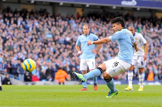 Sergio Kun Aguero of Manchester City scores the second goal from the penalty spot - FA Cup 5th Round - Manchester City vs Leeds Utd - Etihad Stadium - Manchester - 17 02 13 - EDITORIAL USE ONLY. No use with unauthorised audio, video, data, fixture lists, club league logos or live services. Online in-match use limited to 120 images, no video emulation. No use in betting, games or single club league player publications.