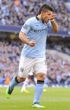 Sergio Kun Aguero of Manchester City celebrates scoring the second goal - FA Cup 5th Round - Manchester City vs Leeds Utd - Etihad Stadium - Manchester - 17 02 13 - EDITORIAL USE ONLY. No use with unauthorised audio, video, data, fixture lists, club league logos or live services. Online in-match use limited to 120 images, no video emulation. No use in betting, games or single club league player publications.