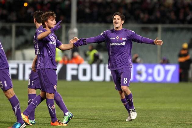 Jubel Adem Ljajic Stevan Jovetic Fiorentina goal celebration Firenze 17 02 2013 Stadio Franchi Football Calcio Serie A 2012 13 Fiorentina v Inter PaoloxNucci