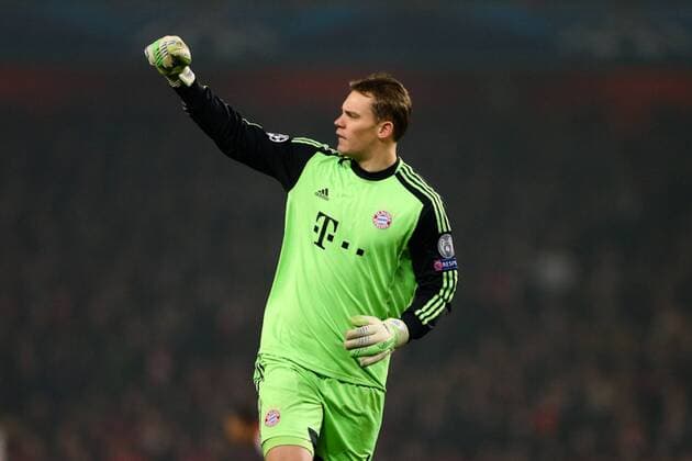 Football - 2012 2013 Champions League - Round of 16, First Leg: Arsenal vs. Bayern Munich Bayern Munich keeper Manuel Neuer celebrates Bayern Munich s Toni Kroos scoring at the Emirates Stadium, London 
