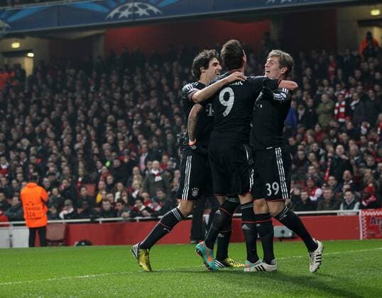 Munich s Toni Kroos celebrates scoring his sides opening goal..Arsenal v Bayern Munich - Champions League Second Round, First Leg- Emirates Stadium, London- 19 02 13 - Picture David Klein Sportimage EDITORIAL USE ONLY. No use with unauthorised audio, video, data, fixture lists, club league logos or live services. Online in-match use limited to 120 images, no video emulation. No use in betting, games or single club league player publications.
