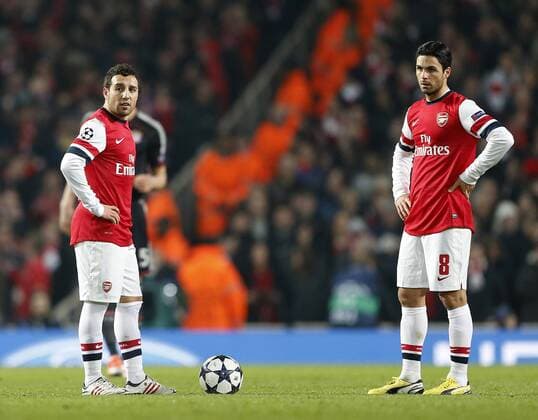 Arsenal s Santi Cazorla and Mikel Arteta look on dejected after going 2-0 down..Arsenal v Bayern Munich - Champions League Second Round, First Leg- Emirates Stadium, London- 19 02 13 - Picture David Klein Sportimage EDITORIAL USE ONLY. No use with unauthorised audio, video, data, fixture lists, club league logos or live services. Online in-match use limited to 120 images, no video emulation. No use in betting, games or single club league player publications.