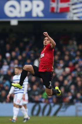 Football - 2012 2013 Premier League - Queens Park Rangers vs. Manchester United (ManU) Manchester United (ManU) s Rafael celebrates scoring at Loftus Road, London 