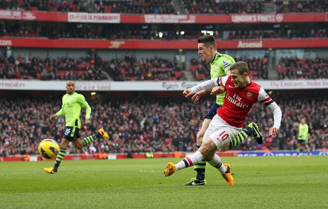 Arsenal FC London s Jack Wilshere fires in a shot..Arsenal FC London v Aston Villa - Premier League - Emirates Stadium, London- 23 02 13 - EDITORIAL USE ONLY. No use with unauthorised audio, video, data, fixture lists, club league logos or live services. Online in-match use limited to 120 images, no video emulation. No use in betting, games or single club league player publications.