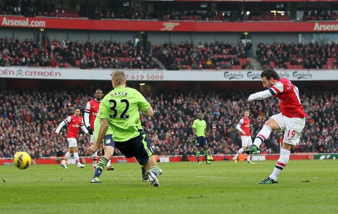 Arsenal FC London s Santi Cazorla scoring his sides opening goal..Arsenal FC London v Aston Villa - Premier League - Emirates Stadium, London- 23 02 13 - EDITORIAL USE ONLY. No use with unauthorised audio, video, data, fixture lists, club league logos or live services. Online in-match use limited to 120 images, no video emulation. No use in betting, games or single club league player publications.