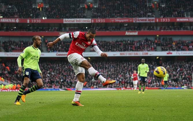Arsenal FC London s Theo Walcott fires in a shot..Arsenal FC London v Aston Villa - Premier League - Emirates Stadium, London- 23 02 13 - EDITORIAL USE ONLY. No use with unauthorised audio, video, data, fixture lists, club league logos or live services. Online in-match use limited to 120 images, no video emulation. No use in betting, games or single club league player publications.